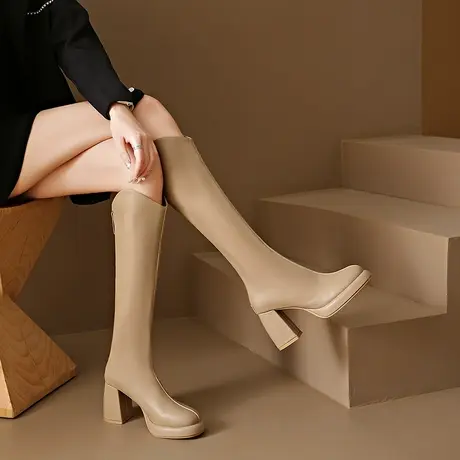 法式高跟长靴女2024新款秋冬季高筒骑士靴爆款粗跟瘦瘦靴子长筒靴商品大图
