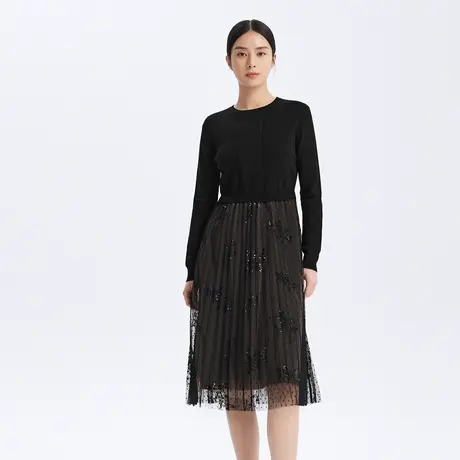 LANCY/朗姿秋季新款针织长袖蕾丝连衣裙女羊毛女士高级感裙子奥莱图片