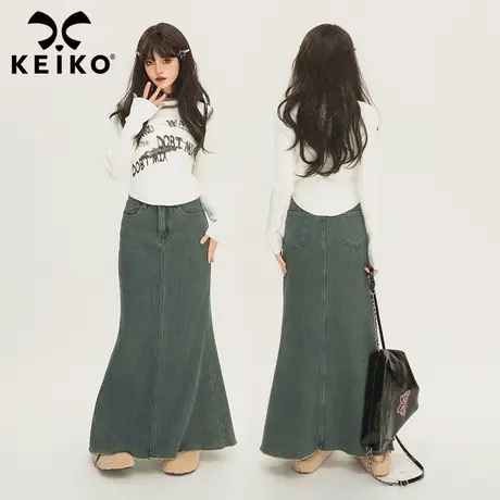 KEIKO字母印花白色长袖t恤2024早春辣妹修身显瘦圆领针织打底上衣图片