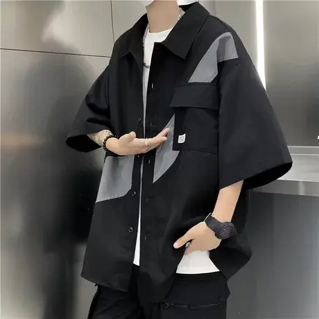 衬衫男士2023夏季新款撞色工装风短袖宽松港风潮休闲衬衣外套男装商品大图