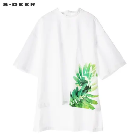 sdeer圣迪奥女装休闲打底衫素雅绿调印花开衩摆短袖衬衫S18280432图片