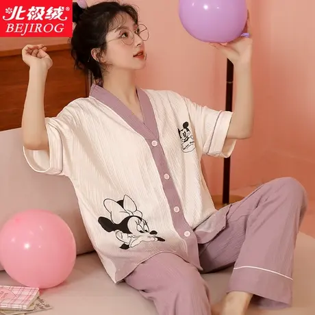 北极绒睡衣女短袖长裤两件套装夏纯棉薄款2022新款外穿休闲家居服商品大图