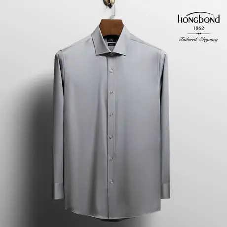 红邦创衣 免烫衬衫定制男结婚高档贡缎纯棉长袖灰色修身衬衣男装图片