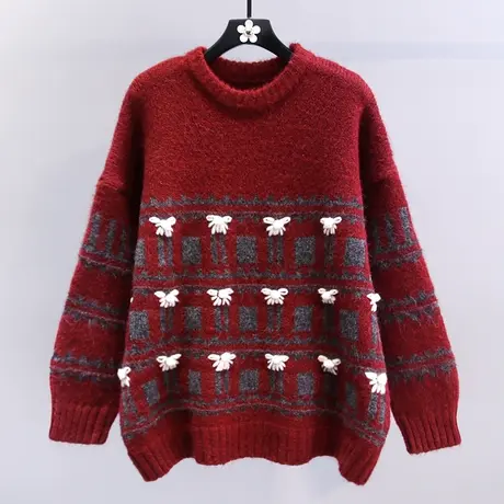 复古慵懒风红色毛衣女冬季2023新款日系宽松加厚高级感套头针织衫商品大图