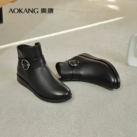 奥康女靴冬季真皮鞋坡跟保暖棉鞋加绒平底短靴舒适冬款妈妈靴皮靴商品大图