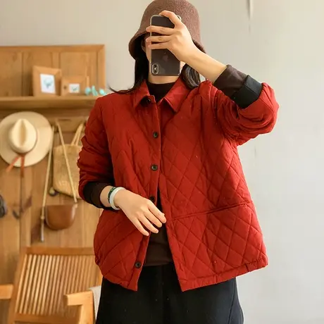 dza 复古翻领衬衫式棉服上衣女冬季菱格棉衣外套短款休闲宽松棉袄商品大图