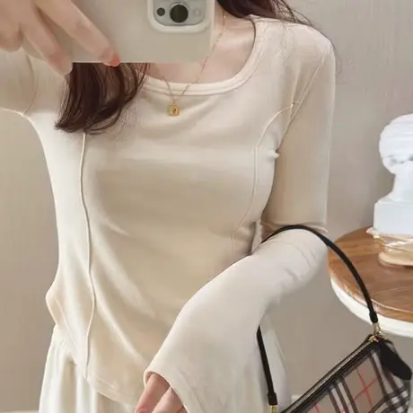 打底衫女2024冬季新款双面磨毛德绒短款长袖T恤鱼骨修身上衣潮牌图片