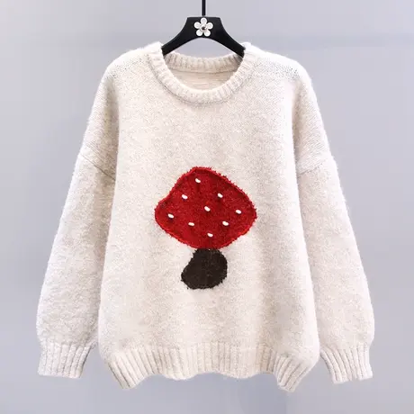 日系卡通蘑菇套头毛衣女冬季2023新款宽松慵懒风加厚软糯针织上衣图片