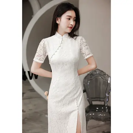 白色旗袍小晚礼服连衣裙平时可穿宴会年会气质短款仙气蕾丝主持人商品大图