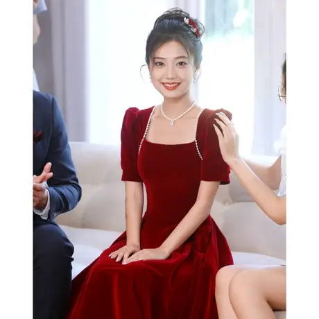 法式敬酒服2023新款新娘结婚当天穿便装订婚礼服红色连衣裙中长款商品大图