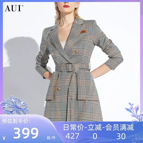 AUI高端复古格子西装外套女2024早春新款职业气质中长款收腰西服图片