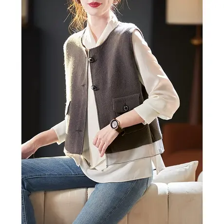 宝诗黎圆领短款针织马甲外套2024春季新款休闲百搭无袖外搭上衣女商品大图