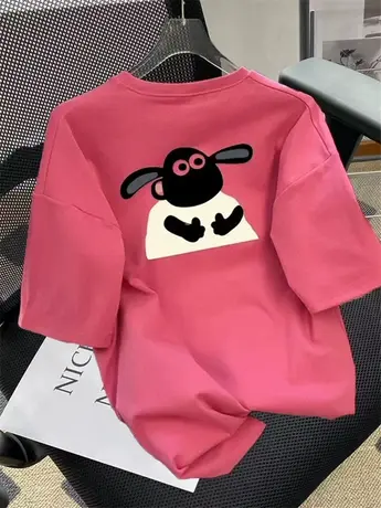 2024新款玫红色卡通小羊图案正肩短袖女t恤夏季减龄上衣洋气减龄图片