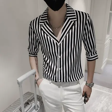 衬衫男士英伦夏装七分袖衬衣ins潮流休闲西装领中袖薄款条纹外套商品大图