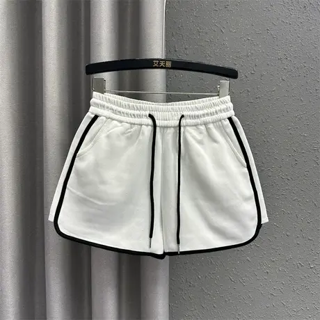 个性系带休闲裤女2024春季新款松紧腰设计感时尚撞色百搭阔腿短裤图片