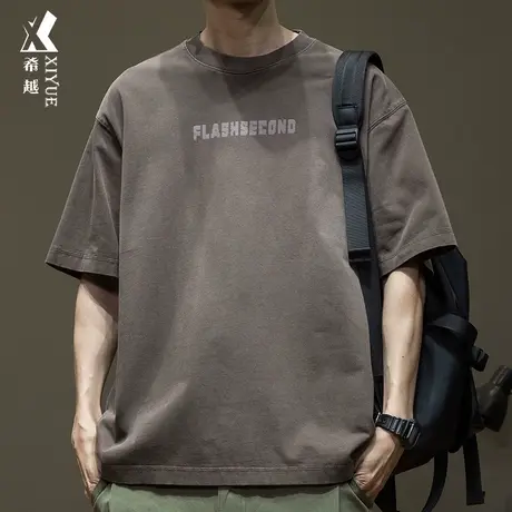 希越重磅300克纯棉T恤男2024春季新款美式印花宽松大码男士打底衫商品大图