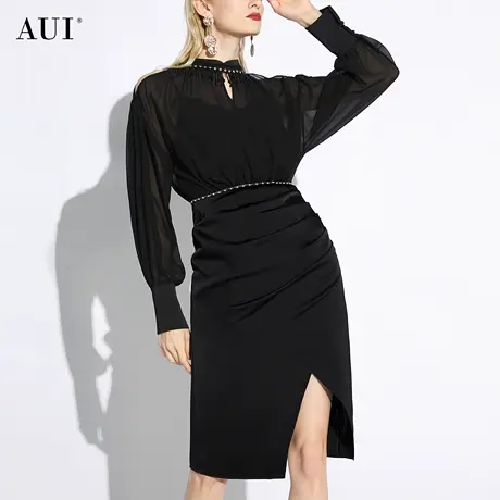 AUI黑色泡泡袖网纱连衣裙女2024春新款气质轻熟风修身开叉中长裙图片