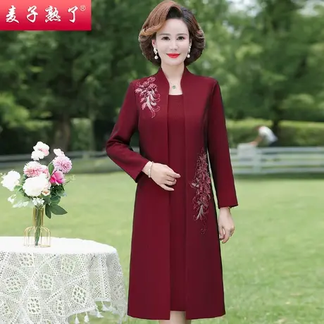 2024春季新款妈妈装阔太太过膝连衣裙绣花两件套装气质婚礼宴会裙图片