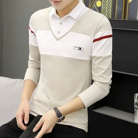 男士假两件T恤长袖2022秋季新款美式青年纯棉修身翻领POLO衫上衣商品大图