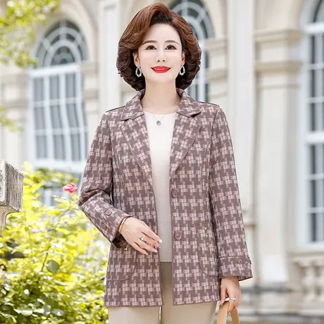 妈妈春秋装时尚薄款格子小西装外套中老年女宽松洋气西服短款上衣图片