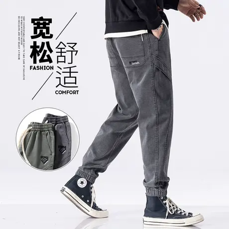 秋季男款高级感束脚美式工装春秋款宽松紧腰男裤子秋天男装休闲裤图片
