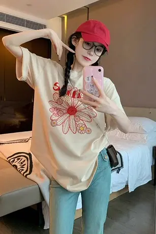 纯棉中长款正肩短袖T恤女夏季2024年新款美式复古宽松大版设计感商品大图