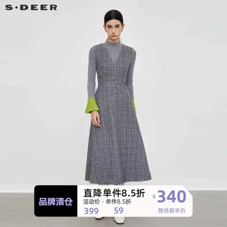 sdeer圣迪奥女装小香风套装V领格纹无袖连衣裙S23461202图片