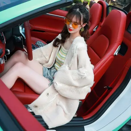 仿水貂绒开衫女毛衣秋冬2023新款慵懒宽松外穿加厚中长款针织外套商品大图