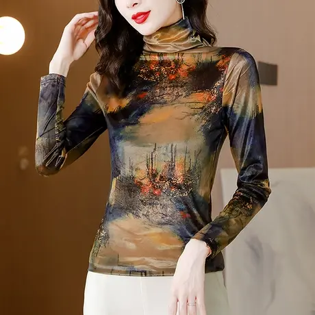 复古气质金丝绒打底衫女秋冬时尚别致高领上衣修身显瘦T恤长袖ins商品大图