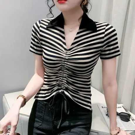 欧货设计感条纹抽绳T恤女短袖性感高腰短款上衣洋气POLO领小衫夏商品大图