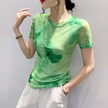 扎染印花小衫女短袖夏季时尚洋气网纱T恤ins潮流别致修身圆领上衣商品大图