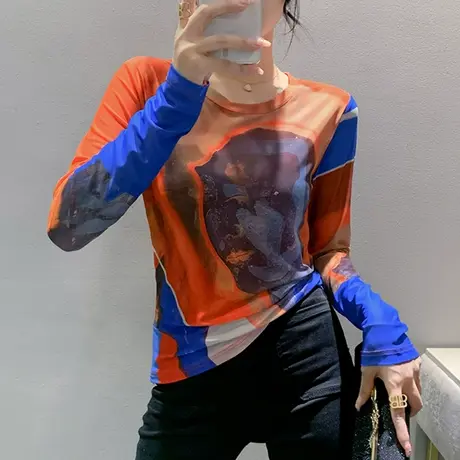 欧货气质雪纺衫女长袖2023秋装新款设计感印花打底衫修身圆领上衣商品大图