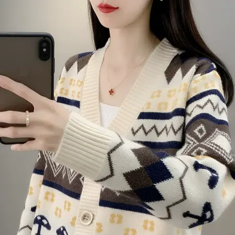 秋装新款2023年女装春秋菱形提花针织开衫毛衣外套宽松慵懒风上衣图片