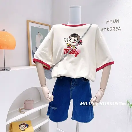 韩国东大门短袖奶油上衣春夏新款ins原宿港风撞色软糯磨毛T恤内搭图片