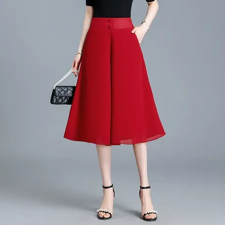 红色雪纺裙裤七分裤女夏季薄款2023新款高腰宽松阔腿裤气质休闲裤商品大图