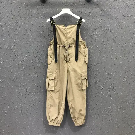 2023早秋新款卡其色收腰显瘦设计感九分工装背带裤女个性束脚裤潮商品大图