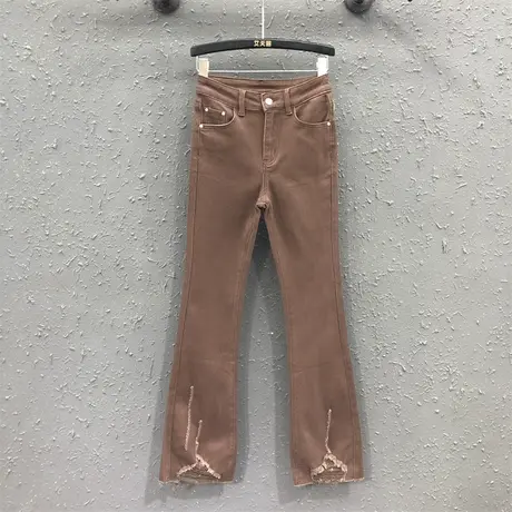 咖啡色网红高腰喇叭裤欧货女2023秋季新款显瘦高腰时髦牛仔微喇裤商品大图