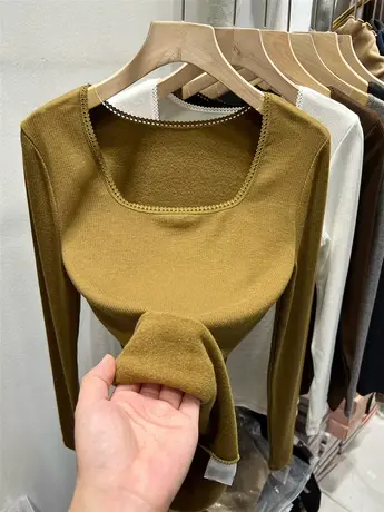 方领羊绒针织衫加绒加厚T恤2022秋冬新款蕾丝边女上衣内搭打底衫图片