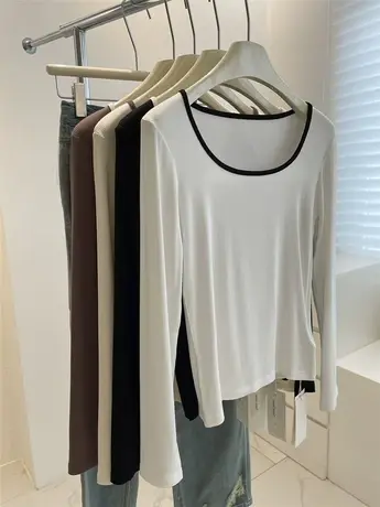 法式显瘦方领长袖t恤女！秋季百搭弹力修身内搭打底衫螺纹棉上衣图片