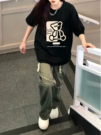 黑色仿棉短袖t恤女2023年新款夏季美式复古高街oversize潮牌上衣商品大图