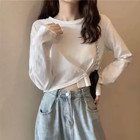 ins超火短款长袖t恤女春秋内搭打底衫宽松韩版设计感露脐高腰上衣商品大图