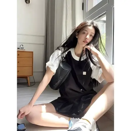 多巴胺撞色短袖t恤女夏季正肩宽松美式复古港风chic宽松半袖上衣商品大图