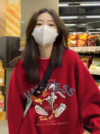 兔子红色本命年圆领卫衣女秋冬加绒加厚宽松大码oversize潮牌上衣商品大图