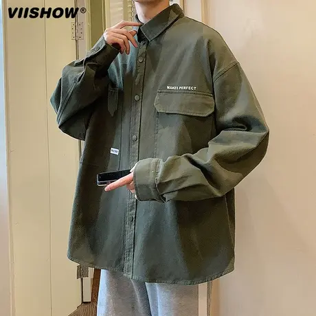 VIISHOW长袖衬衫男日系复古春秋字母刺绣翻领潮牌宽松风休闲外套图片