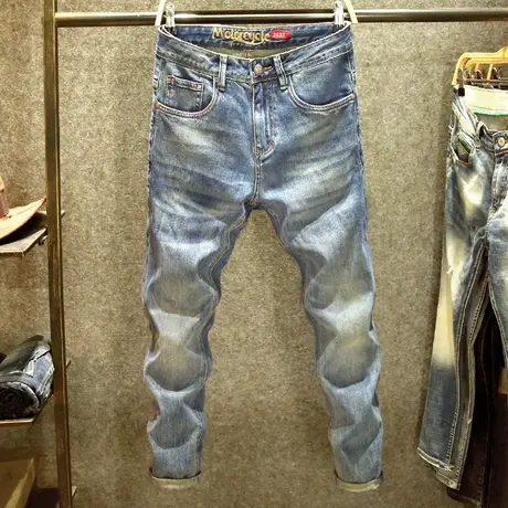 美式高端弹力牛仔裤男修身小直筒2023年重磅水洗耐磨怀旧风裤子男商品大图