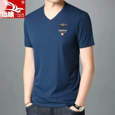 夏天男士短袖t恤男冰丝v领半袖潮流2023新款夏季宝蓝色打底衫上衣商品大图
