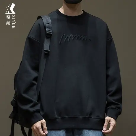 希越不规则线型刺绣卫衣男圆领秋冬新款宽松大码重磅内搭打底衫潮图片