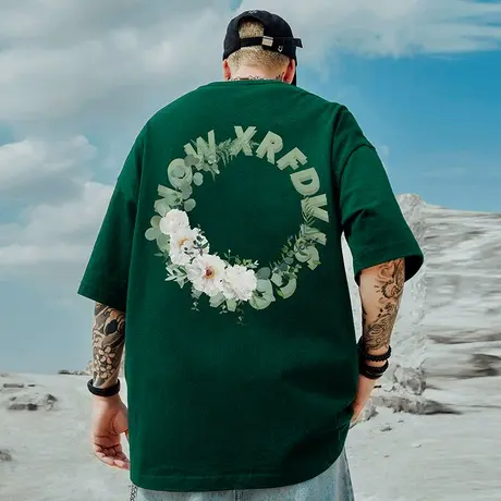 摩严2023新款绿色T恤男潮牌设计感小众青少年纯棉大码短袖潮流商品大图