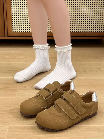 韩版磨砂皮德训鞋女2023秋新款魔术贴勃肯鞋平底圆头丑萌日系单鞋商品大图