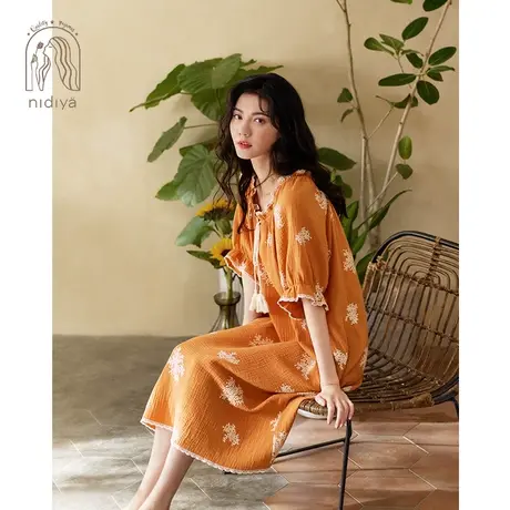 妮狄娅2023睡衣睡裙女夏季纯棉纱布短袖方领宽松套头中长款家居服商品大图